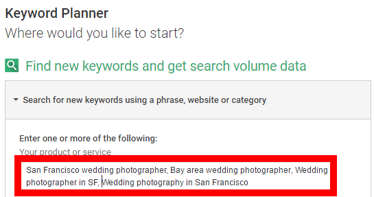 google keyword planner seo for wedding photographers